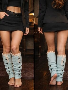 New Modern BOHO Leg Warmers Boot Cuffs Toppers Ivory & Aqua Junior Lace Buttons
